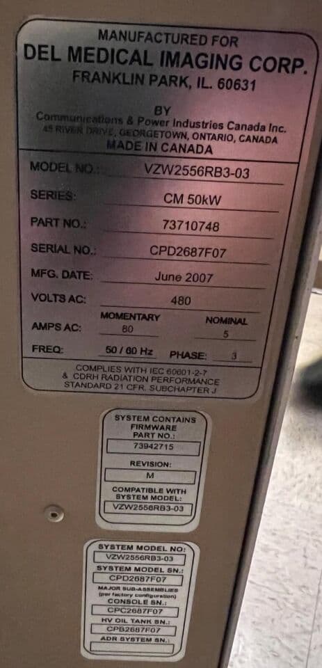 Del Medical CM 50 Series Radiographic Room with VZW2556RB3-03 Generator thumbnail 7