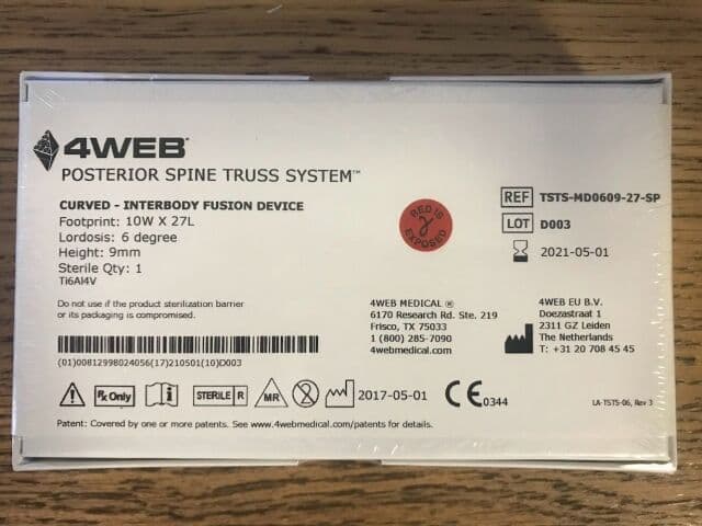 For Sale 4WEB MEDICAL TSTS-MD0609-27-SP Posterior Spine Truss System Curved - Interbody Fusion Device 10W X 27L 6degree 9mm (X)å