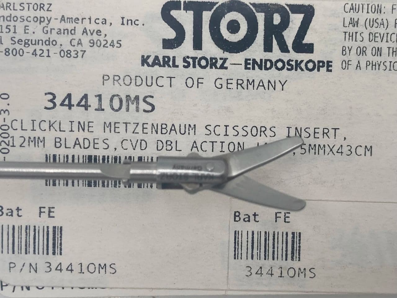 Karl Storz 34410MS ClickLine Metzenbaum Scissors Insert, Curved, 5mm, 43cm Laparoscopic Instrument