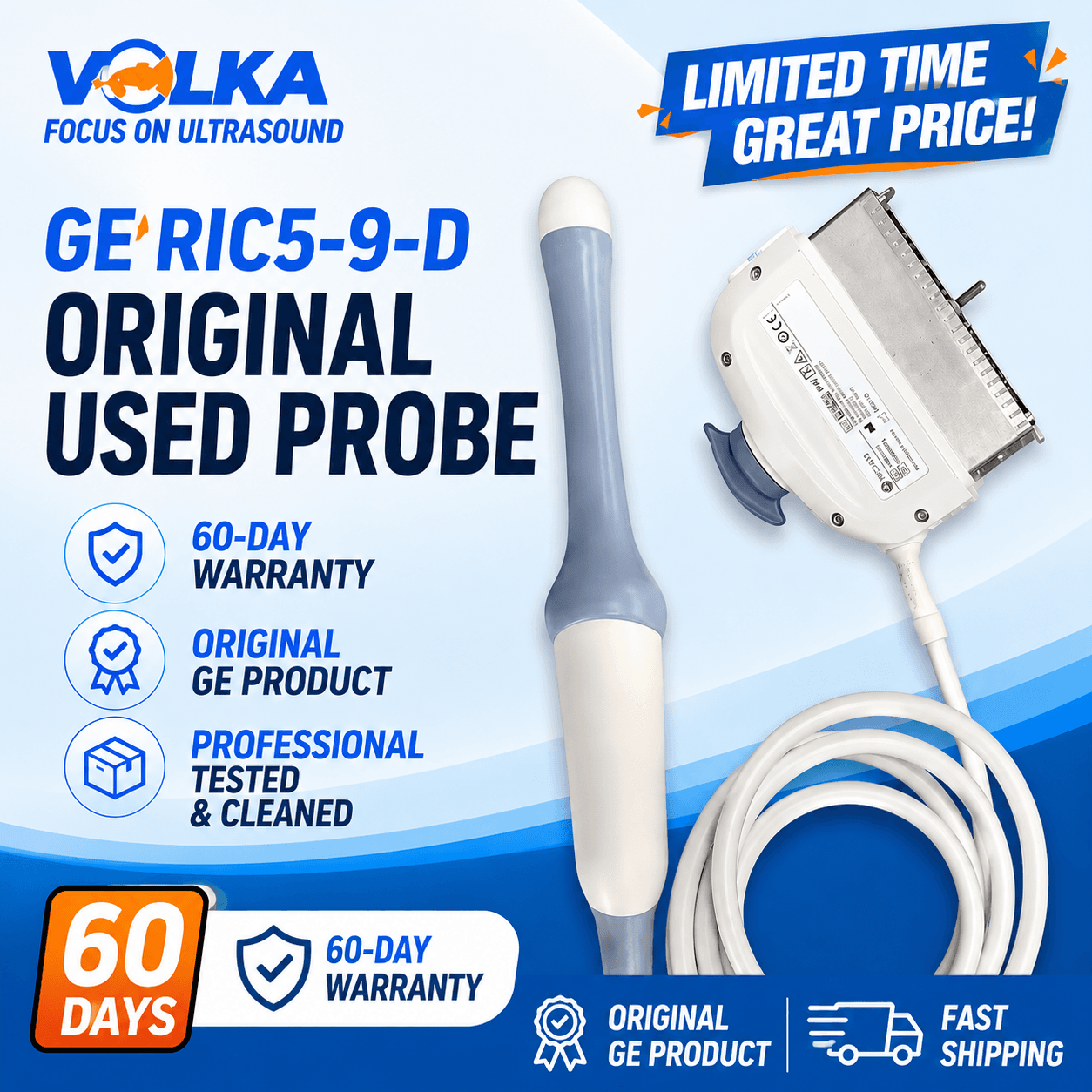 Used GE RIC5-9-D 4D Endocavitary Volume Ultrasound Probe Tested Working