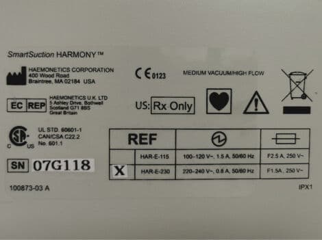 Haemonetics Har-E-230 SmartSuction HARMONY Surgical Pump thumbnail 6