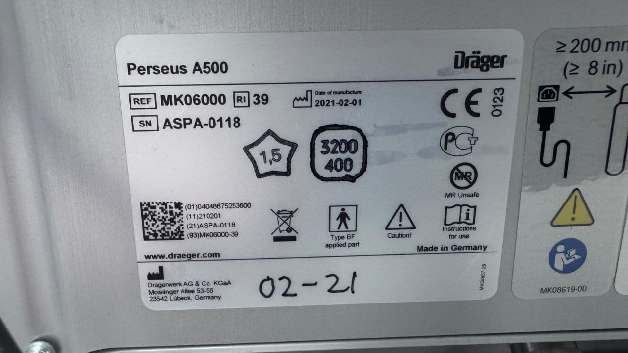 For Sale DRAEGER Perseus A500 Anesthesia Machine thumbnail 9