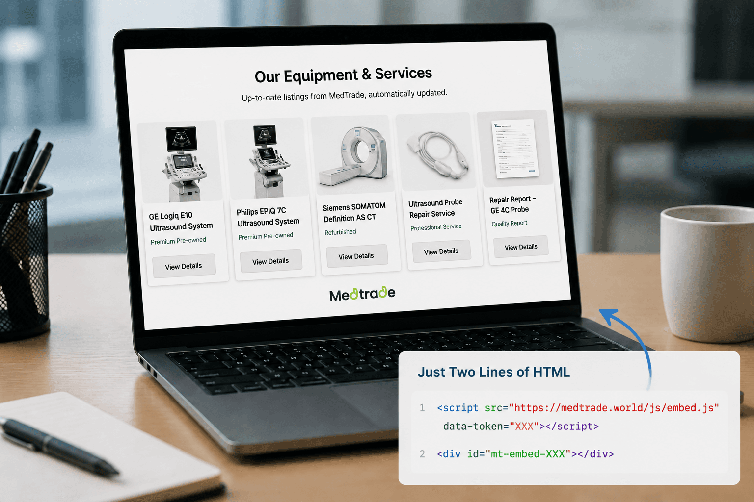MedTrade Embed Widget: Two Lines of HTML. Your Product Catalog, on Your Website, Always in Sync.